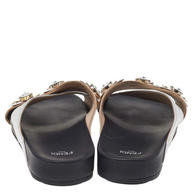 Pre Owned Fendi Silver/Gold Leather Criss Cross Flowerland Flat Slides Size 37.5