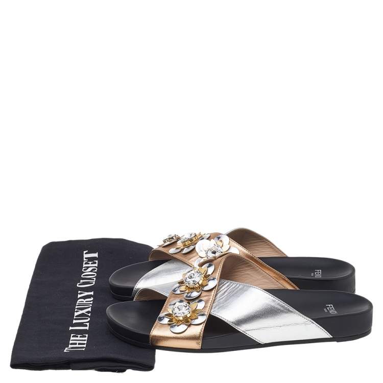 Pre Owned Fendi Silver/Gold Leather Criss Cross Flowerland Flat Slides Size 37.5