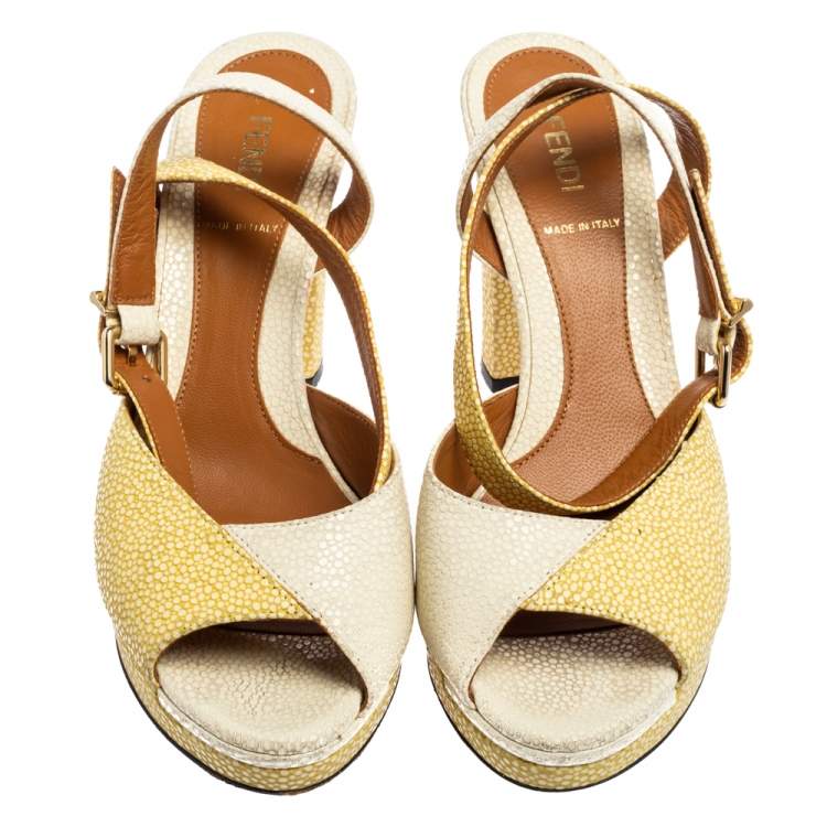 Pre Owned Fendi White/Yellow Stingray Embossed Leather Ankle Strap Platform Sandals Size 38.5