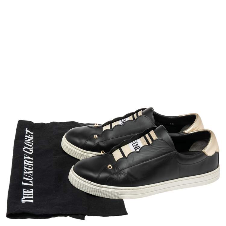 Pre Owned Fendi Black Logo Knit and Leather Rockoclick Slip On Sneakers Size 38
