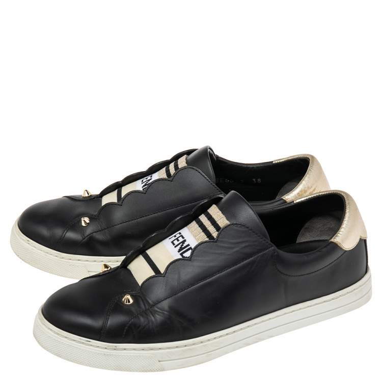 Pre Owned Fendi Black Logo Knit and Leather Rockoclick Slip On Sneakers Size 38