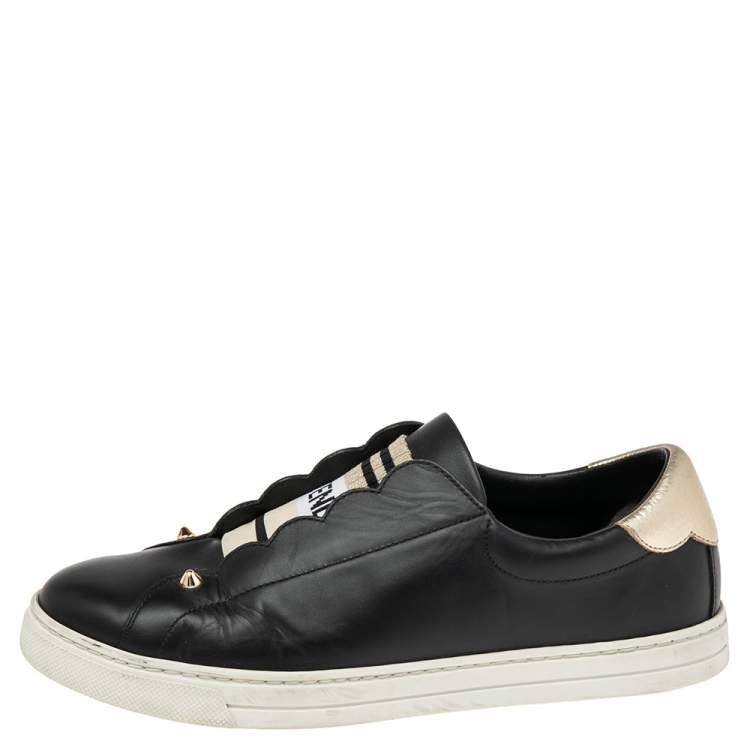 Pre Owned Fendi Black Logo Knit and Leather Rockoclick Slip On Sneakers Size 38