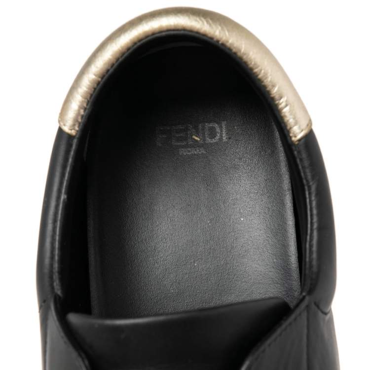 Pre Owned Fendi Black Logo Knit and Leather Rockoclick Slip On Sneakers Size 38