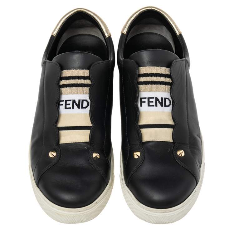 Pre Owned Fendi Black Logo Knit and Leather Rockoclick Slip On Sneakers Size 38