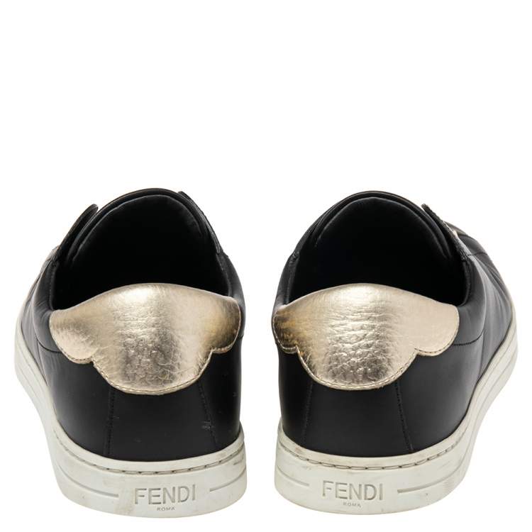 Pre Owned Fendi Black Logo Knit and Leather Rockoclick Slip On Sneakers Size 38