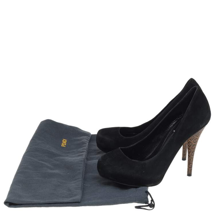 Pre Owned Fendi Black Suede Platform Zucca Heel Pumps Size 37