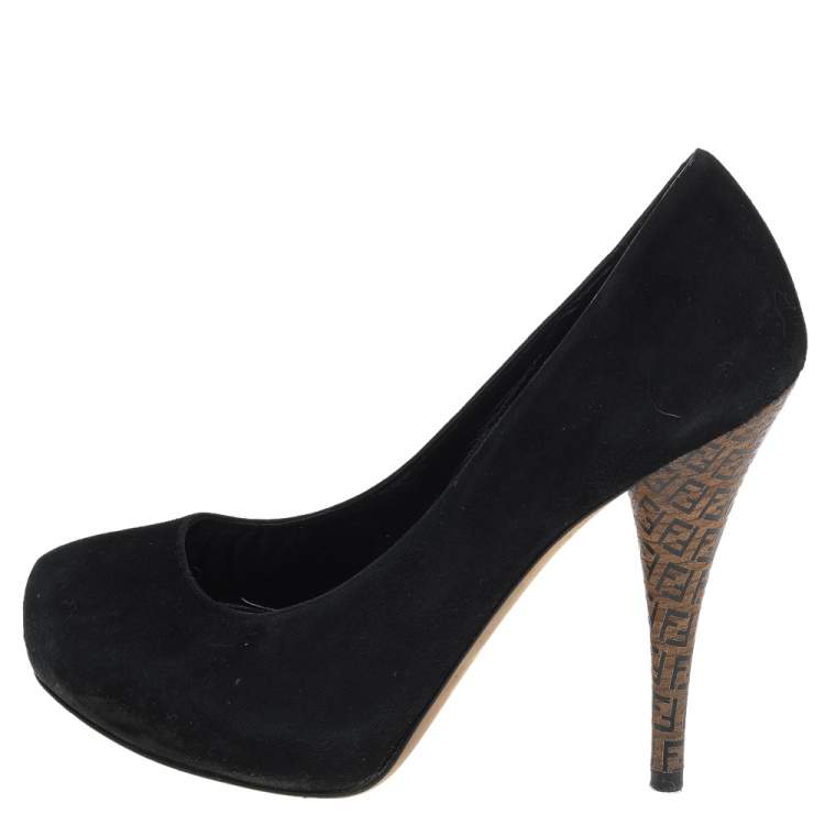 Pre Owned Fendi Black Suede Platform Zucca Heel Pumps Size 37