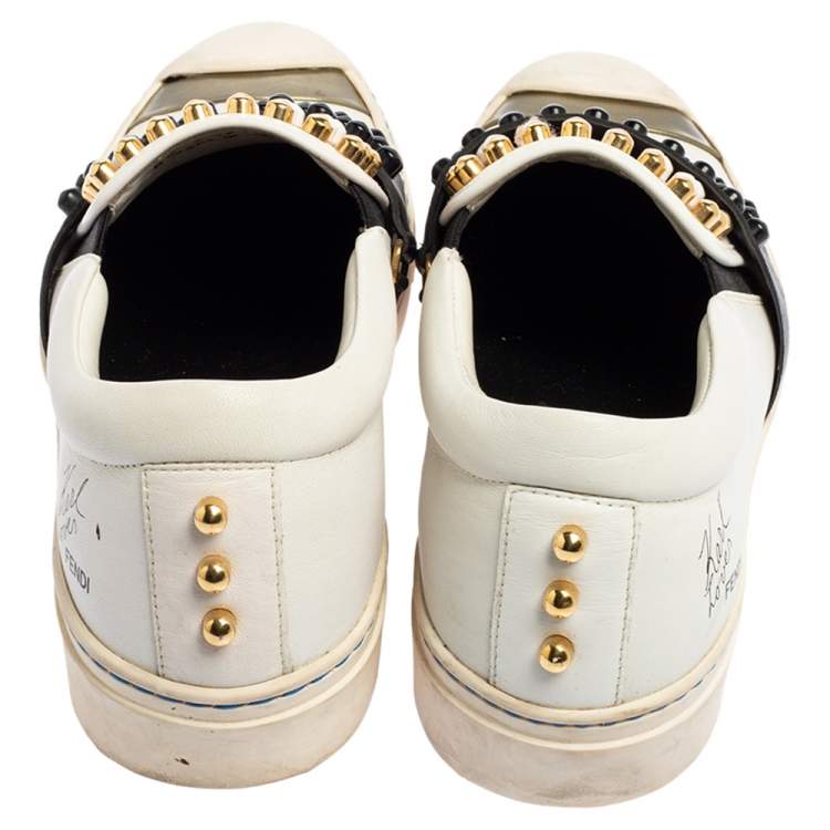 Pre Owned Fendi Black\White Leather Karlito Studded Low Top Sneakers Size 38