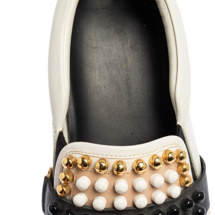 Pre Owned Fendi Black\White Leather Karlito Studded Low Top Sneakers Size 38