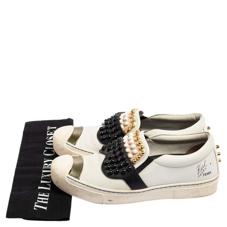 Pre Owned Fendi Black\White Leather Karlito Studded Low Top Sneakers Size 38