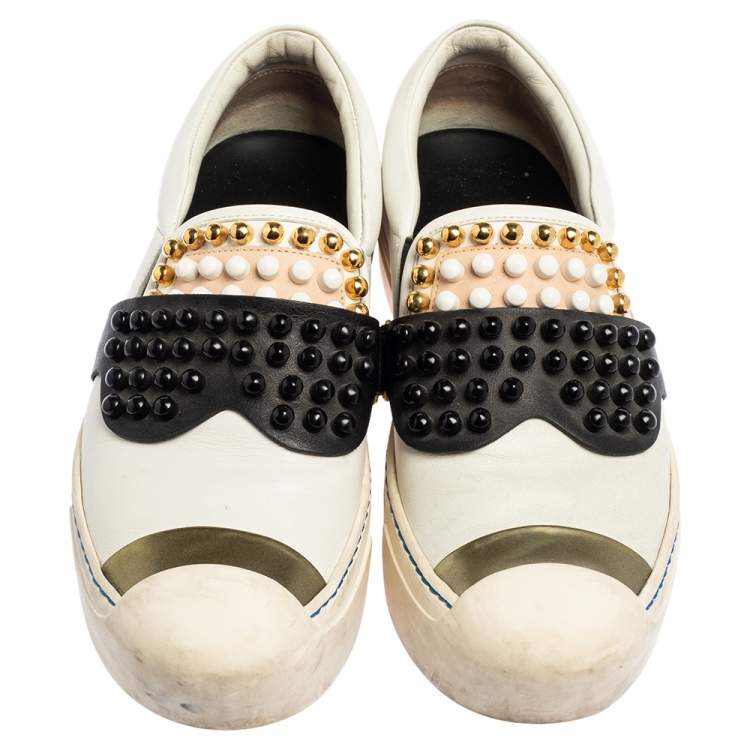Pre Owned Fendi Black\White Leather Karlito Studded Low Top Sneakers Size 38