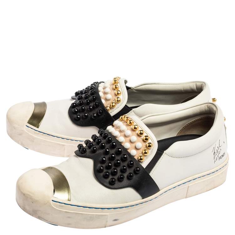 Pre Owned Fendi Black\White Leather Karlito Studded Low Top Sneakers Size 38
