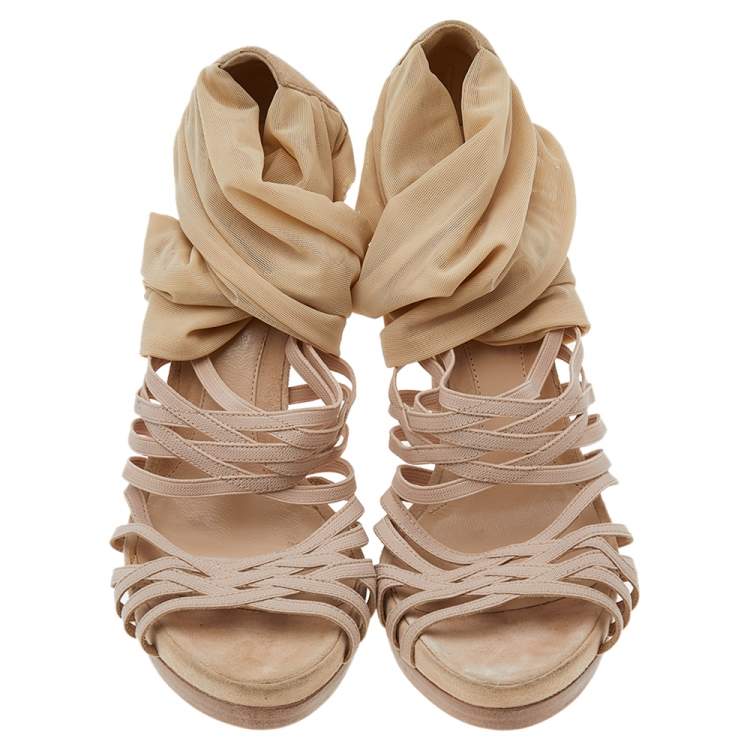 Pre Owned Fendi Beige Suede, Stretch Fabric, And Net Strappy Platform Sandals Size 39.5