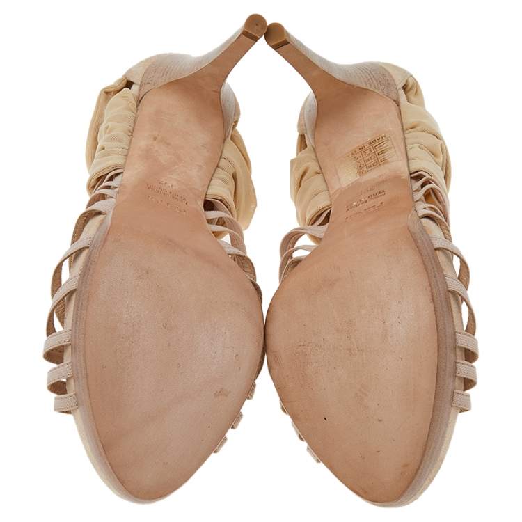 Pre Owned Fendi Beige Suede, Stretch Fabric, And Net Strappy Platform Sandals Size 39.5