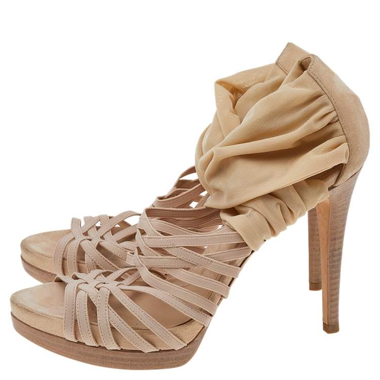 Pre Owned Fendi Beige Suede, Stretch Fabric, And Net Strappy Platform Sandals Size 39.5