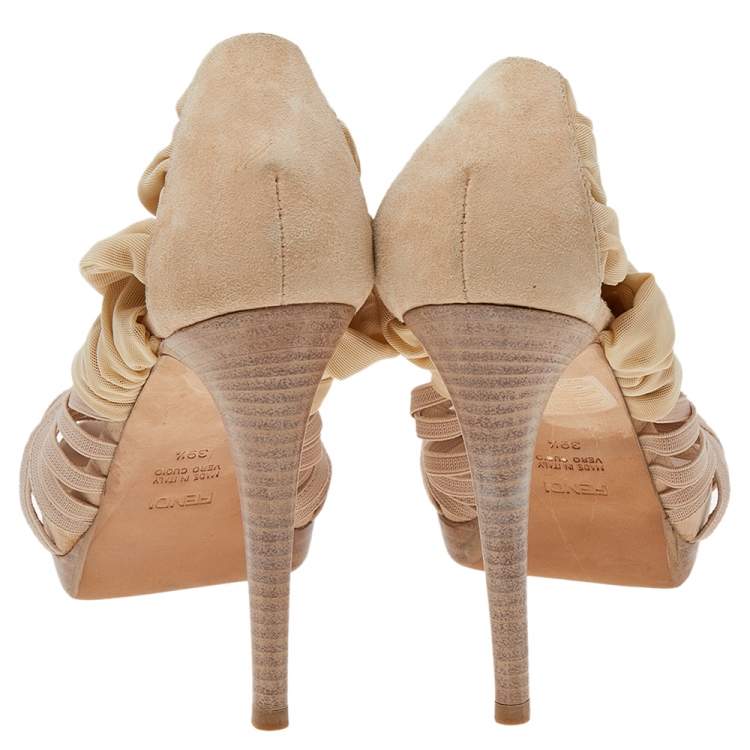 Pre Owned Fendi Beige Suede, Stretch Fabric, And Net Strappy Platform Sandals Size 39.5