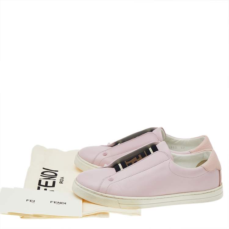 Pre Owned Fendi Pink Leather And Cotton Knit Logo Slip On Sneakers Size 37 