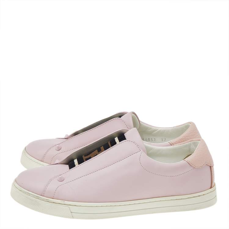 Pre Owned Fendi Pink Leather And Cotton Knit Logo Slip On Sneakers Size 37 