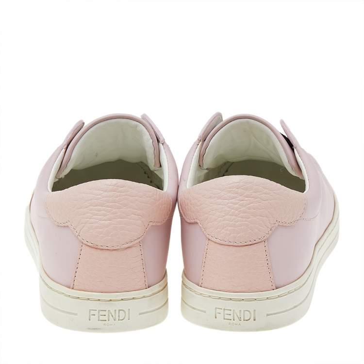 Pre Owned Fendi Pink Leather And Cotton Knit Logo Slip On Sneakers Size 37 