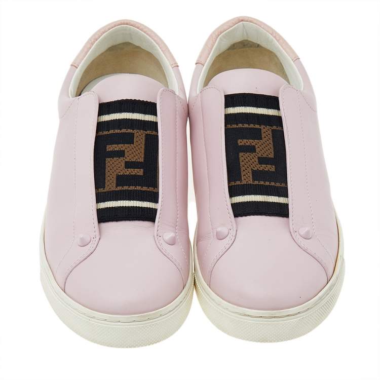 Pre Owned Fendi Pink Leather And Cotton Knit Logo Slip On Sneakers Size 37 