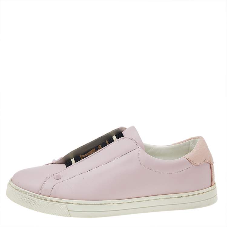 Pre Owned Fendi Pink Leather And Cotton Knit Logo Slip On Sneakers Size 37 