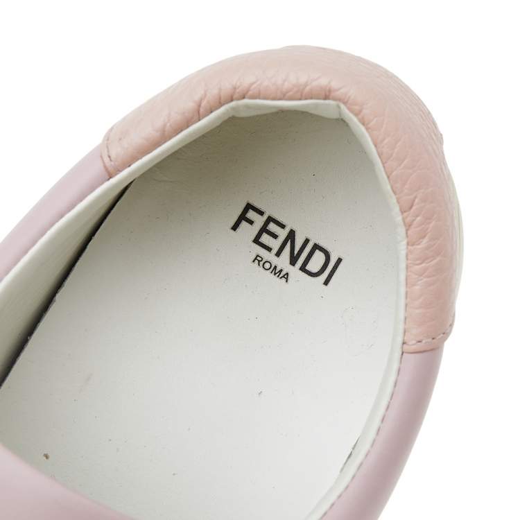 Pre Owned Fendi Pink Leather And Cotton Knit Logo Slip On Sneakers Size 37 