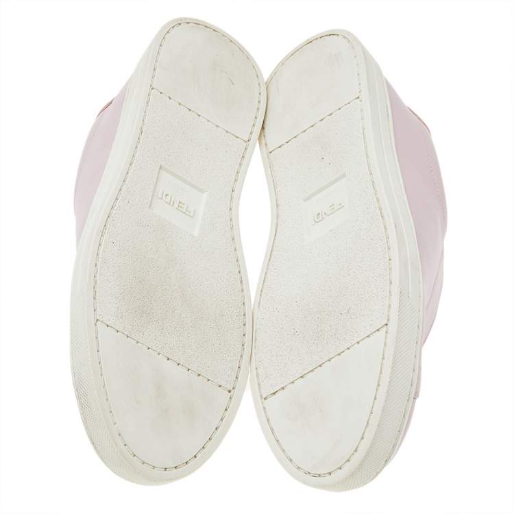 Pre Owned Fendi Pink Leather And Cotton Knit Logo Slip On Sneakers Size 37 
