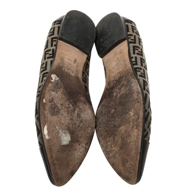 Pre Owned Fendi Brown Zucchino Leather and Canvas Ballet Flats Size 38