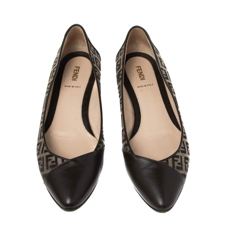 Pre Owned Fendi Brown Zucchino Leather and Canvas Ballet Flats Size 38