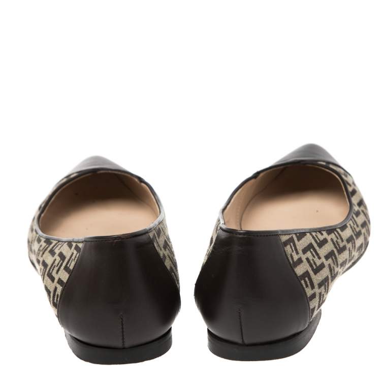 Pre Owned Fendi Brown Zucchino Leather and Canvas Ballet Flats Size 38