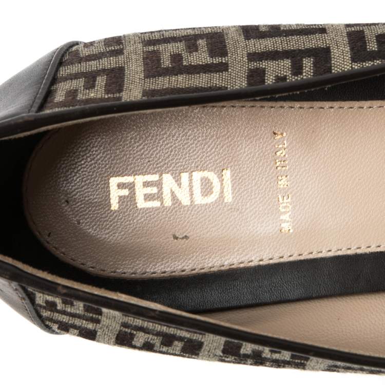 Pre Owned Fendi Brown Zucchino Leather and Canvas Ballet Flats Size 38