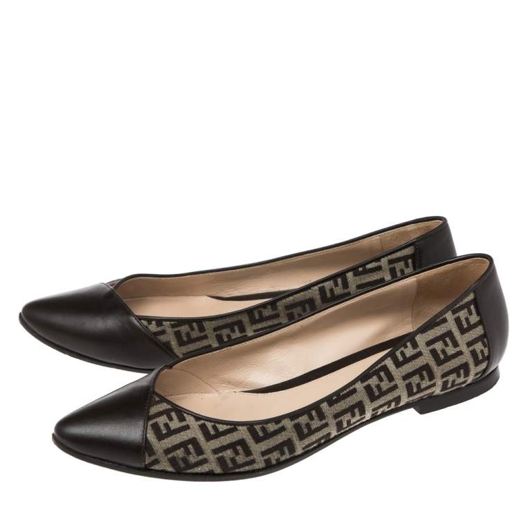 Pre Owned Fendi Brown Zucchino Leather and Canvas Ballet Flats Size 38