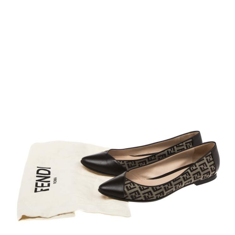 Pre Owned Fendi Brown Zucchino Leather and Canvas Ballet Flats Size 38