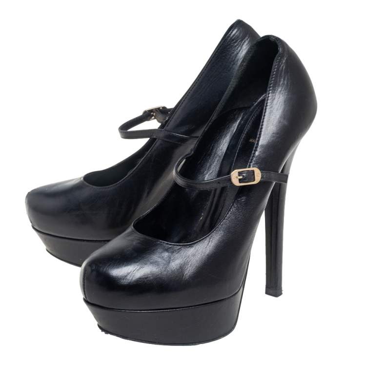Pre Owned Fendi Black Leather Mary Jane Platform Pumps Size 38.5