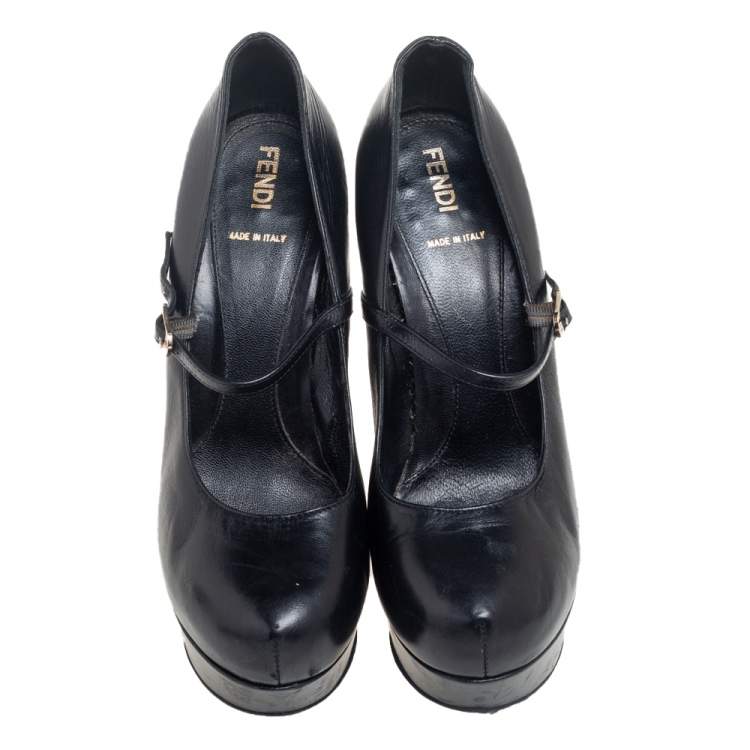 Pre Owned Fendi Black Leather Mary Jane Platform Pumps Size 38.5