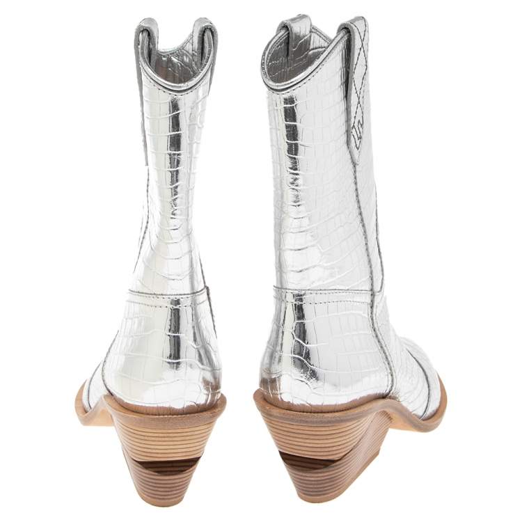 مملوكة مسبقًا Fendi Metallic Silver Croc Embossed Leather Cowboy Ankle Boots Size 40
