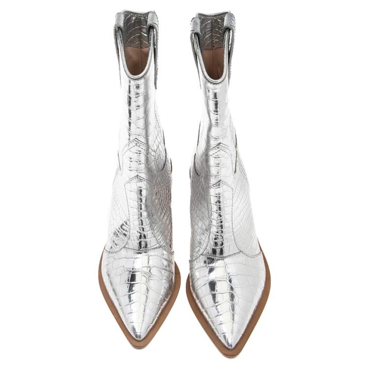 مملوكة مسبقًا Fendi Metallic Silver Croc Embossed Leather Cowboy Ankle Boots Size 40