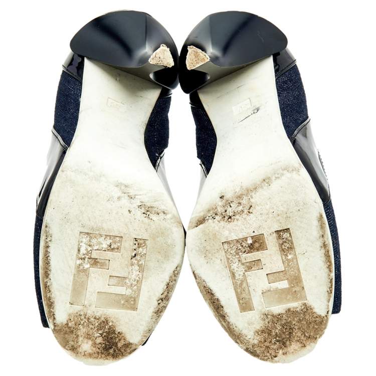 Pre Owned Fendi Blue/Black Denim And Patent Leather Peep Toe Booties Size 36