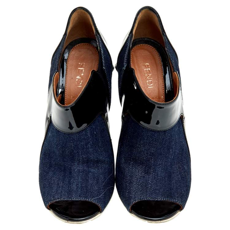 Pre Owned Fendi Blue/Black Denim And Patent Leather Peep Toe Booties Size 36
