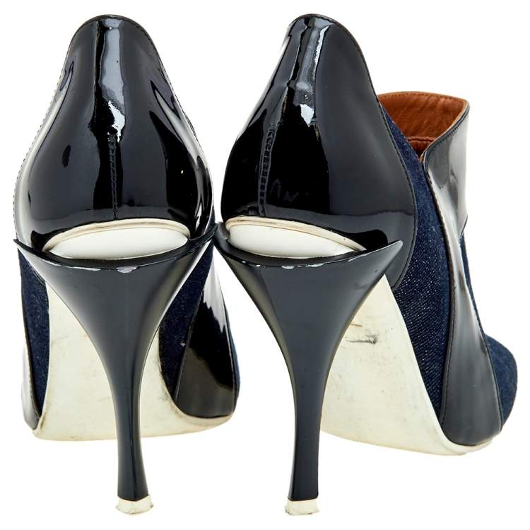 Pre Owned Fendi Blue/Black Denim And Patent Leather Peep Toe Booties Size 36