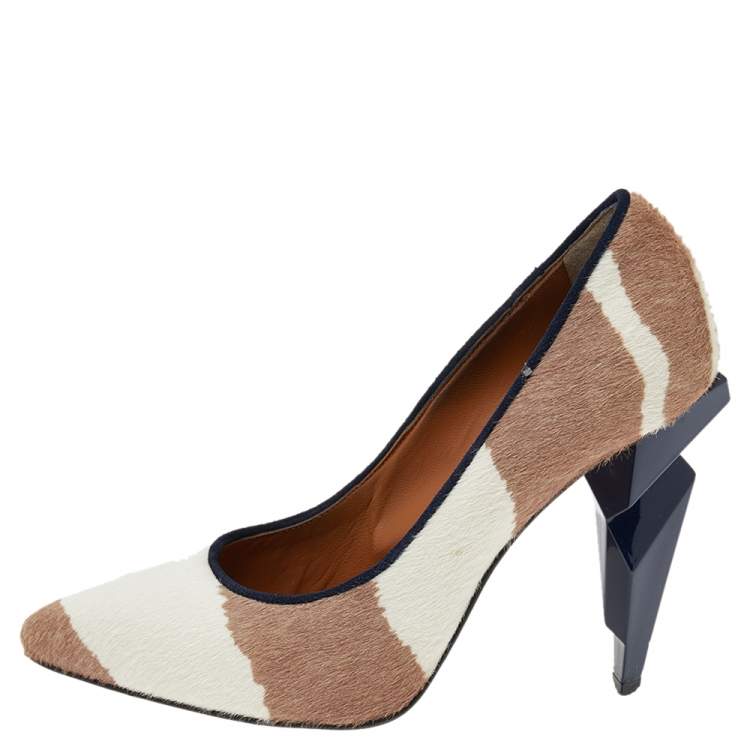 Pre Owned Fendi Beige/White Zebra Print Calf Hair Diamond Heel Pumps Size 35.5