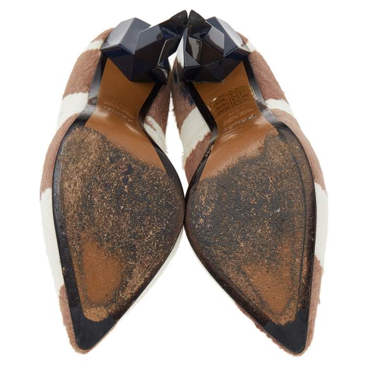 Pre Owned Fendi Beige/White Zebra Print Calf Hair Diamond Heel Pumps Size 35.5