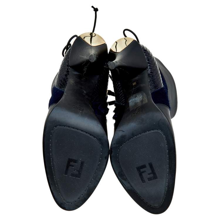 Pre Owned Fendi Black-Blue Leather, Python Embossed Leather, And Fur Ankle Length Boots Size 38