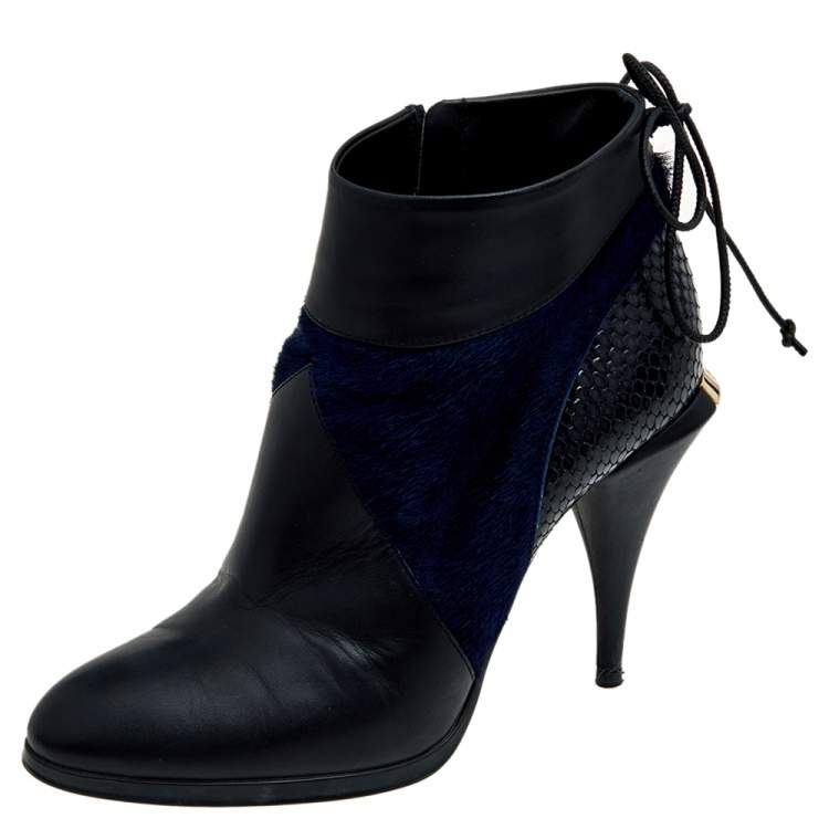 Pre Owned Fendi Black-Blue Leather, Python Embossed Leather, And Fur Ankle Length Boots Size 38