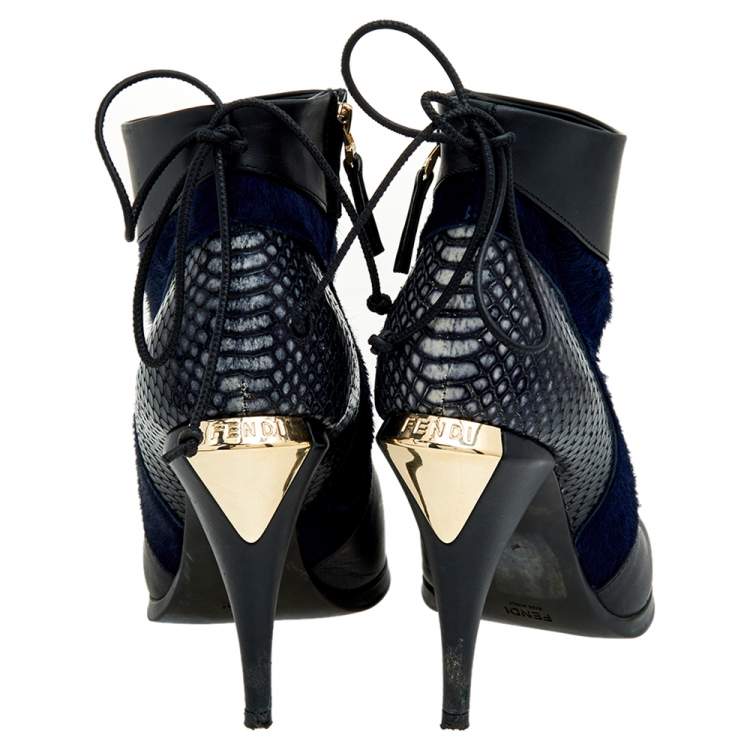 Pre Owned Fendi Black-Blue Leather, Python Embossed Leather, And Fur Ankle Length Boots Size 38