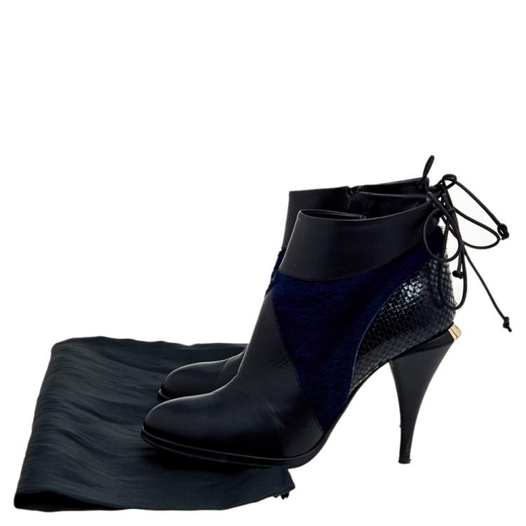 Pre Owned Fendi Black-Blue Leather, Python Embossed Leather, And Fur Ankle Length Boots Size 38