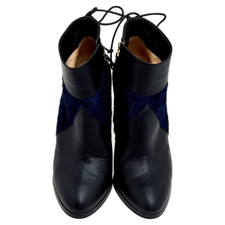 Pre Owned Fendi Black-Blue Leather, Python Embossed Leather, And Fur Ankle Length Boots Size 38