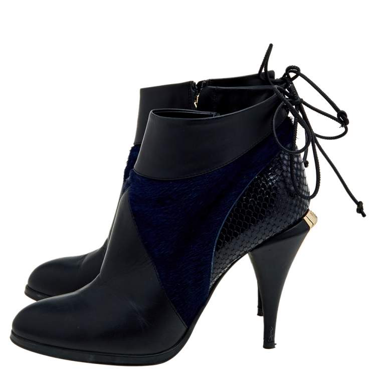 Pre Owned Fendi Black-Blue Leather, Python Embossed Leather, And Fur Ankle Length Boots Size 38
