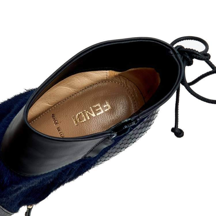 Pre Owned Fendi Black-Blue Leather, Python Embossed Leather, And Fur Ankle Length Boots Size 38