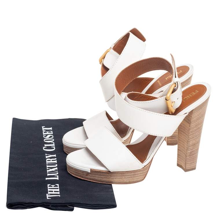 Pre Owned Fendi White Leather Cross Ankle Strap Platform Sandals Size 38